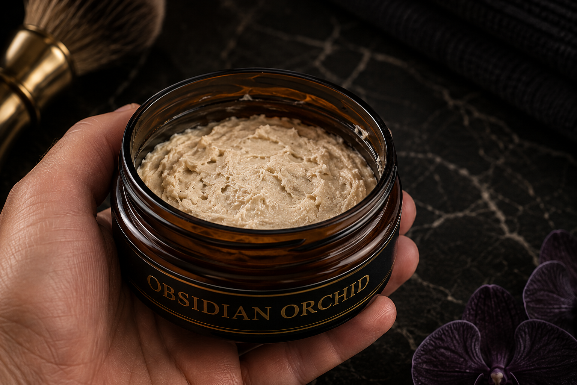 A hand holds an open jar of Obsidian Orchid shaving soap by First Canadian Shave, showing the product inside. The background is a dark textured surface with a gold-handled brush and purple orchid flowers.