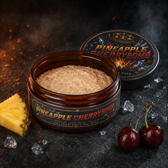 An open tub of Pineapple Cherrybomb shaving soap by First Canadian Shave sits on a dark textured surface with its lid behind it. A pineapple wedge, two cherries, and ice cubes are arranged around it.