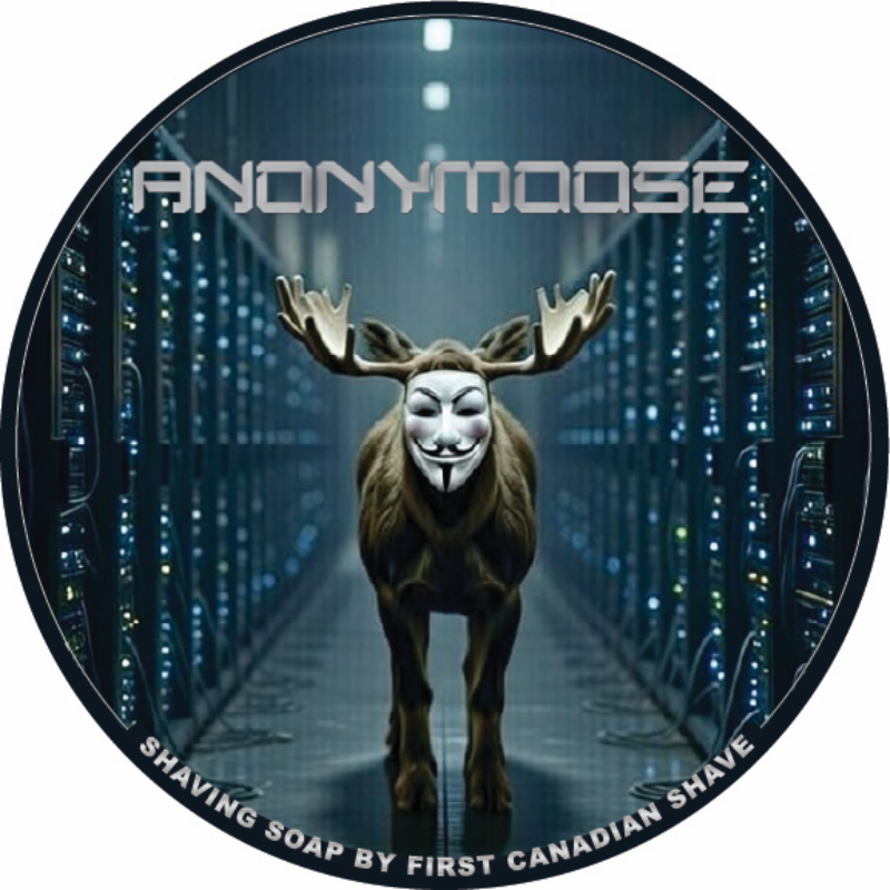 Anonymoose shaving soap packaging with a moose wearing a Guy Fawkes mask in a futuristic corridor.