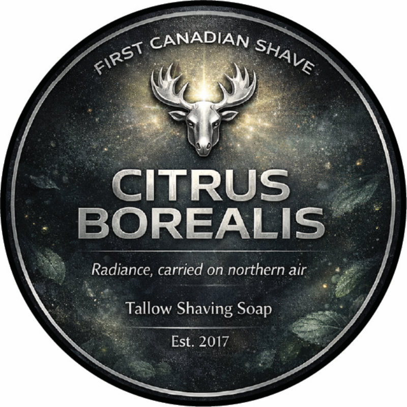 Cirrus Borealis tallow shaving soap container with moose head logo on a dark background