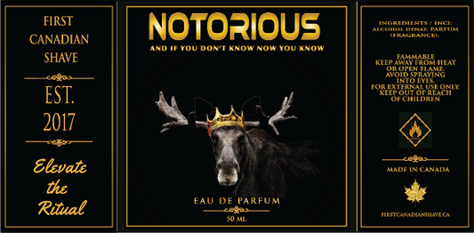 50ml perfume card packaging for 'Notorious' Eau de Parfum. The design features a black background with gold borders and text, and a central graphic of a moose wearing a gold crown.