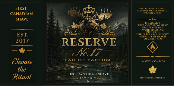 A dark green and black fragrance packaging design for First Canadian Shave Reserve No. 17 Eau De Parfum, featuring a  moose and mountain forest illustration with gold lettering and a crown.