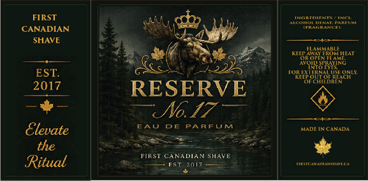 A dark green and black fragrance packaging design for First Canadian Shave Reserve No. 17 Eau De Parfum, featuring a  moose and mountain forest illustration with gold lettering and a crown.