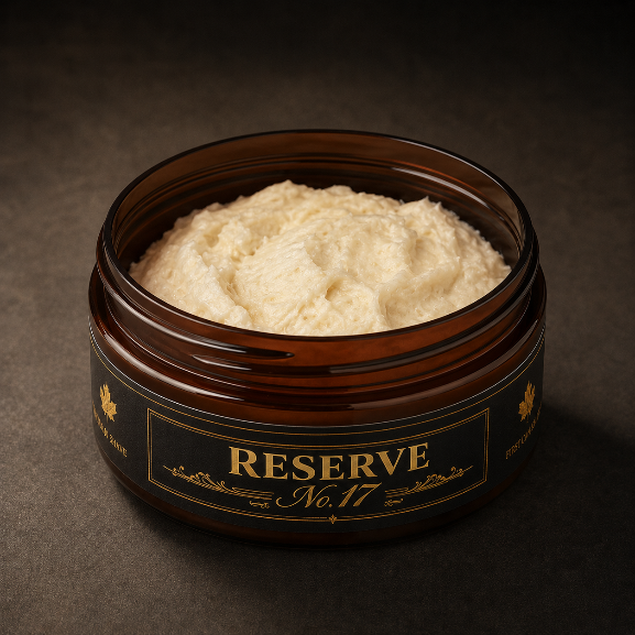 Open tub of Reserve No.17 shaving soap by First Canadian Shave.
