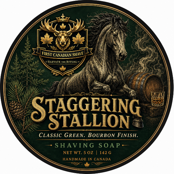 Round Staggering Stallion shaving soap label by First Canadian Shave