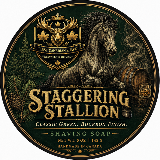 Round Staggering Stallion shaving soap label by First Canadian Shave