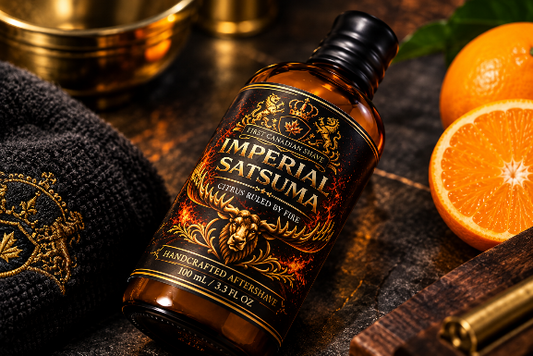 A bottle of Imperial Satsuma aftershave  by First Canadian Shave styled on a dark rustic surface with an orange half, a dark knit sweater with gold embroidery, and brass bowls.