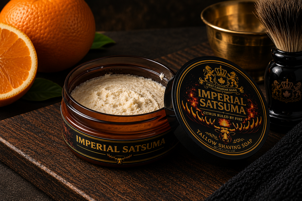 An open jar of Imperial Satsuma shaving soap by First Canadian Shave with cream-coloured soap visible inside, shown next to its branded lid on a dark wooden surface. A shaving brush, brass bowl, and sliced orange are styled around it .