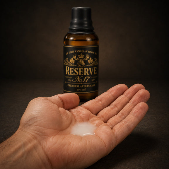 A close-up of a person's palm showing a pool of aftershave splash, with a bottle of Reserve No.17 aftershave by First Canadian Shave in the background.