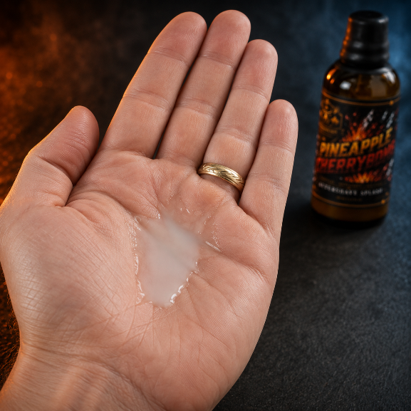 A close-up of a person's palm showing a pool of aftershave splash, with a bottle of Pineapple Cherrybomb aftershave in the background.