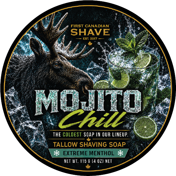 Round product label for Tallow Shaving Soap in the Mojito Chill scent, featuring a moose, ice, mint, and lime graphics with bold text.