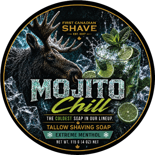 Round product label for Tallow Shaving Soap in the Mojito Chill scent, featuring a moose, ice, mint, and lime graphics with bold text.