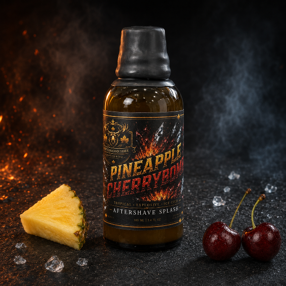 Pineapple Cherrybomb Aftershave by First Canadian Shave, styled on a dark textured surface with a slice of pineapple, two cherries, and ice crystals against a smoky dark background.