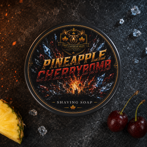 An overhead shot of First Canadian Shave Pineapple Cherrybomb Shaving Soap is shown in a styled flat-lay on a dark textured surface with ice cubes, a slice of pineapple, and two cherries. The label features a fiery explosion graphic with the product name in bold gold and red lettering.