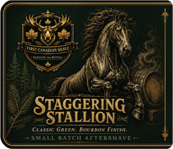 Staggering Stallion aftershave label by First Canadian Shave