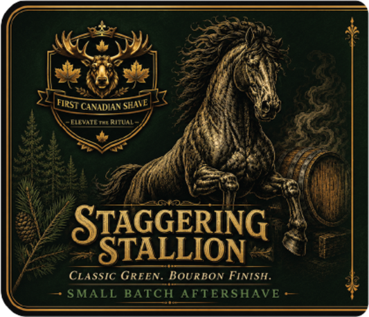 Staggering Stallion aftershave label by First Canadian Shave