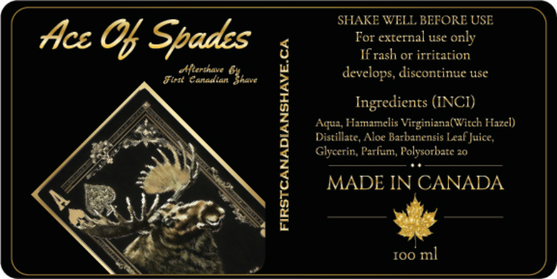 After shave label with 'Ace of Spades' branding and product details.