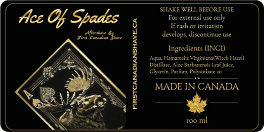 After shave label with 'Ace of Spades' branding and product details.
