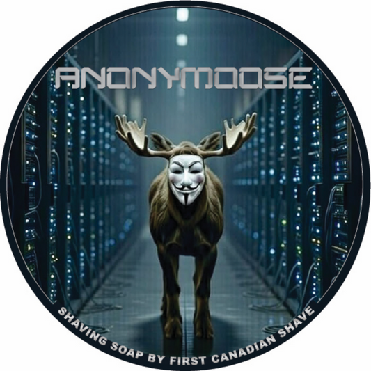 Anonymoose shaving soap packaging with a moose wearing a Guy Fawkes mask in a futuristic corridor.