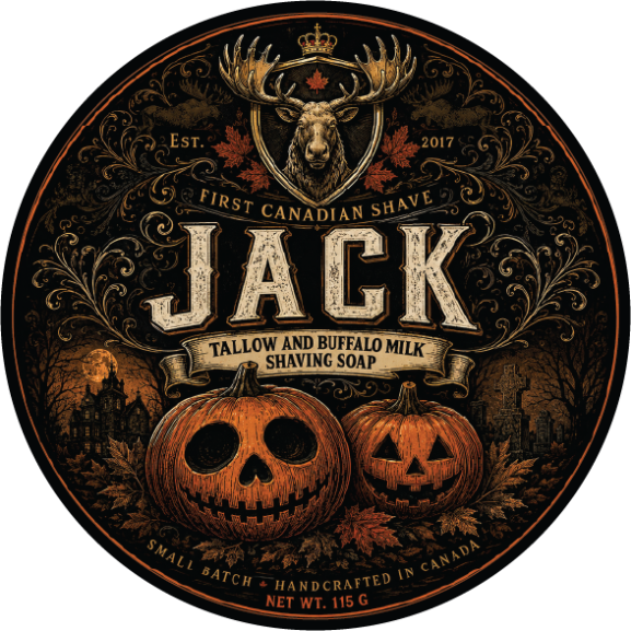 Main label for  Jack shaving soap by First Canadian Shave Features a Halloween theme with two carved pumpkins, a moose head crest, and ornate scrollwork. 