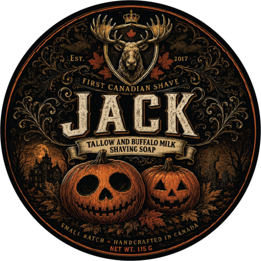 Main label for  Jack shaving soap by First Canadian Shave Features a Halloween theme with two carved pumpkins, a moose head crest, and ornate scrollwork. 