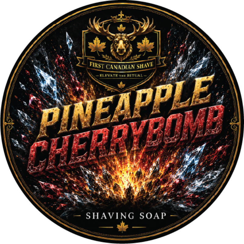 Shaving soap label with 'Pineapple Cherrybomb' and brand logo on a dark background