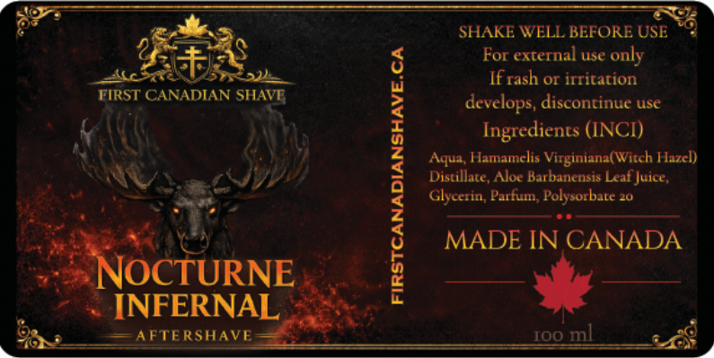 Label for First Canadian Shave Nocturne Infernal aftershave with branding and product details.