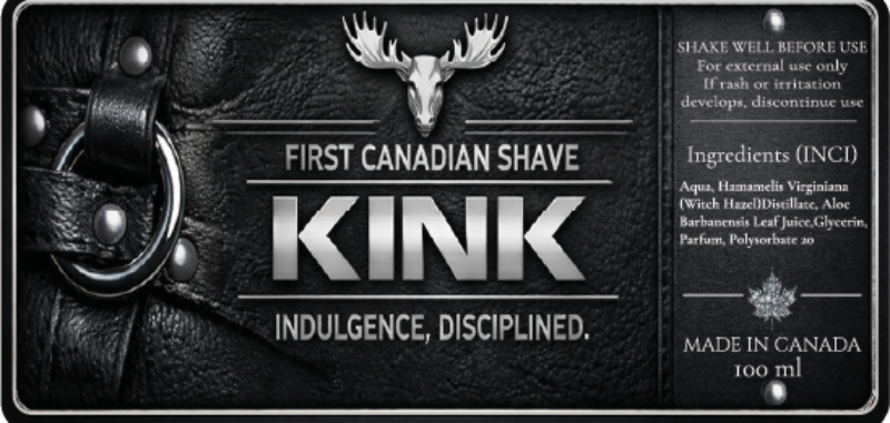 KINK shaving product label with leather strap and moose head design