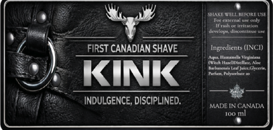 KINK shaving product label with leather strap and moose head design