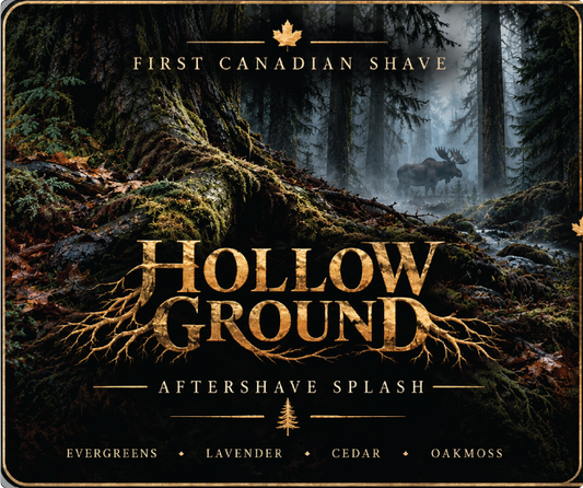 Product label for Hollow Ground aftershave by First Canadian Shave