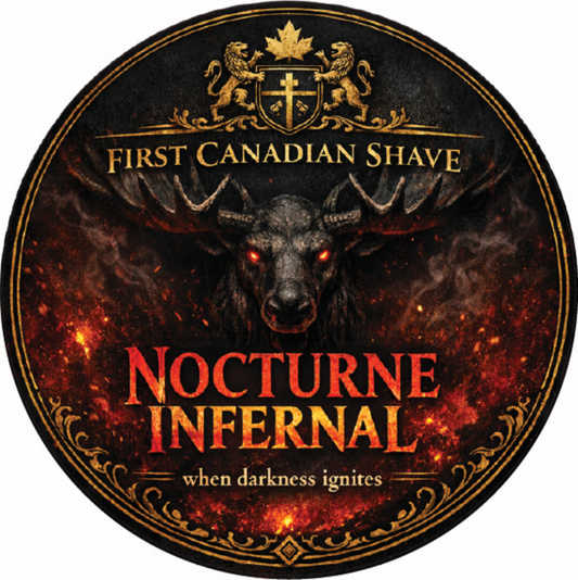 Round label for 'First Canadian Shave Nocturne Infernal' with a dark background and glowing text.