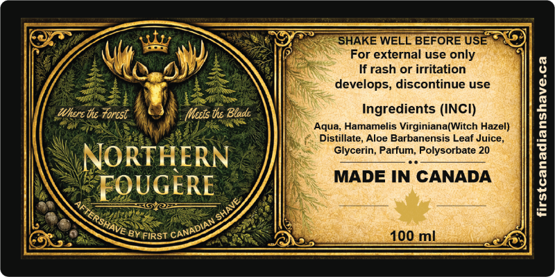 aftershave label for Northern Fougere by First Canadian Shave