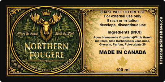 aftershave label for Northern Fougere by First Canadian Shave