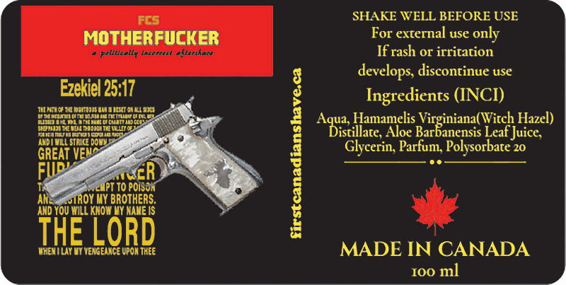 Aftershave label with gun graphic, text, and branding elements.