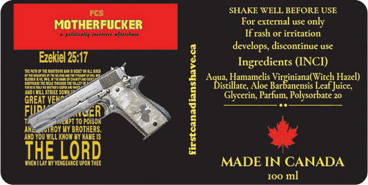 Aftershave label with gun graphic, text, and branding elements.