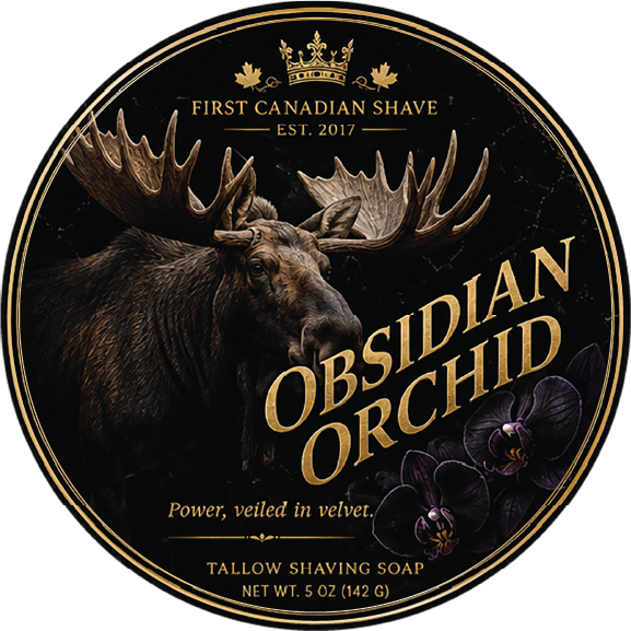 Obsidian Orchid shaving soap label from First Canadian Shave