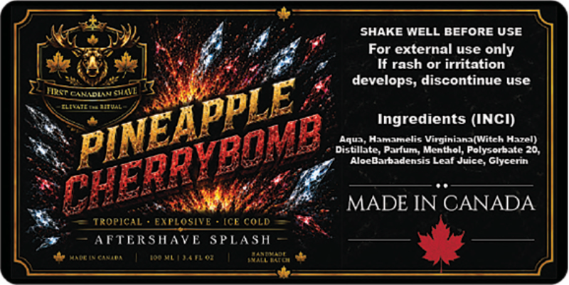 Pineapple Cherrybomb aftershave splash label with explosive design and text.