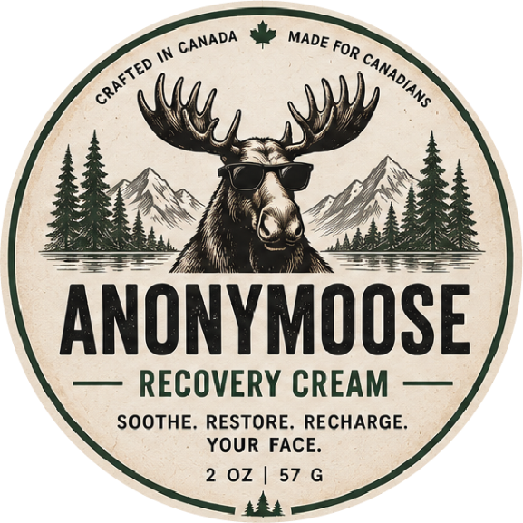Product label for Anonymoose Recovery Cream by First Canadian Shave, featuring an illustration of a moose wearing sunglasses with mountains and pine trees in the background. 