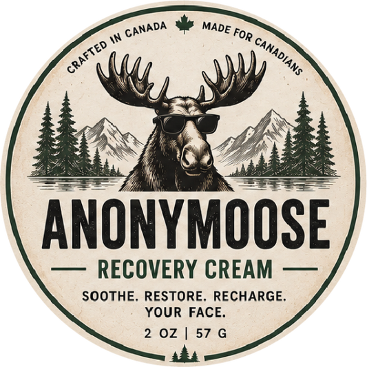 Product label for Anonymoose Recovery Cream by First Canadian Shave, featuring an illustration of a moose wearing sunglasses with mountains and pine trees in the background. 