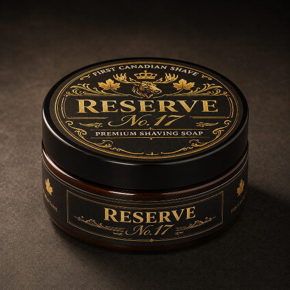 3/4 view shot of a  jar of Reserve No. 17 Premium Shaving Soap by First Canadian Shave. Set against a dark textured background.