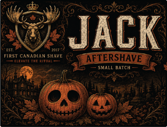 Product label for Jack aftershave by First Canadian Shave. The design features a dark, spooky Halloween theme with a moody haunted house under a full moon, two carved jack-o'-lantern pumpkins, autumn leaves, and a moose head crest with a crown.