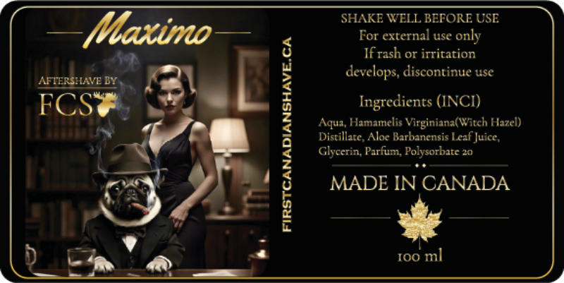 Aftershave label for 'Maximo' by FCS with a woman and dog in a vintage setting.