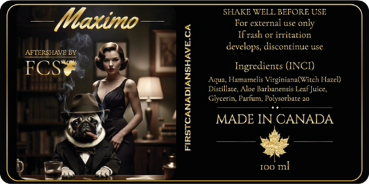 Aftershave label for 'Maximo' by FCS with a woman and dog in a vintage setting.
