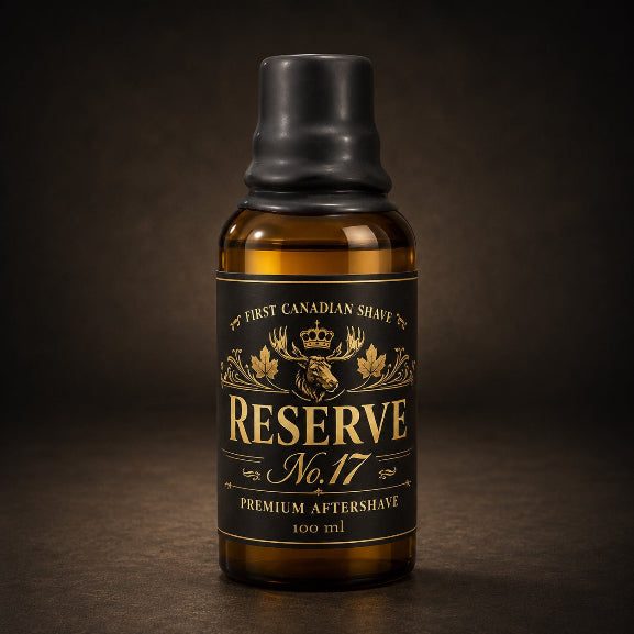 A 100 ml bottle of Reserve No.17 Premium Aftershave by First Canadian Shave, set against a dark brown textured background.