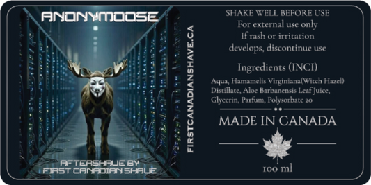 Aftershave label with moose in mask