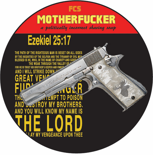 Shaving soap label with a gun design and text on a black and red background