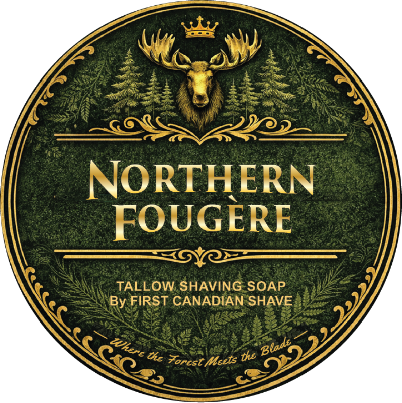 Round label for Northern Fougère tallow shaving soap with moose and forest design.