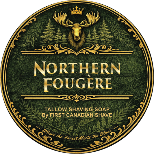 Round label for Northern Fougère tallow shaving soap with moose and forest design.