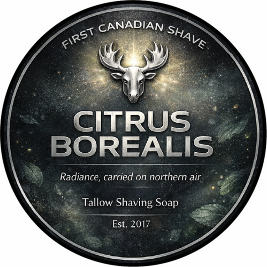 Cirrus Borealis tallow shaving soap container with moose head logo on a dark background