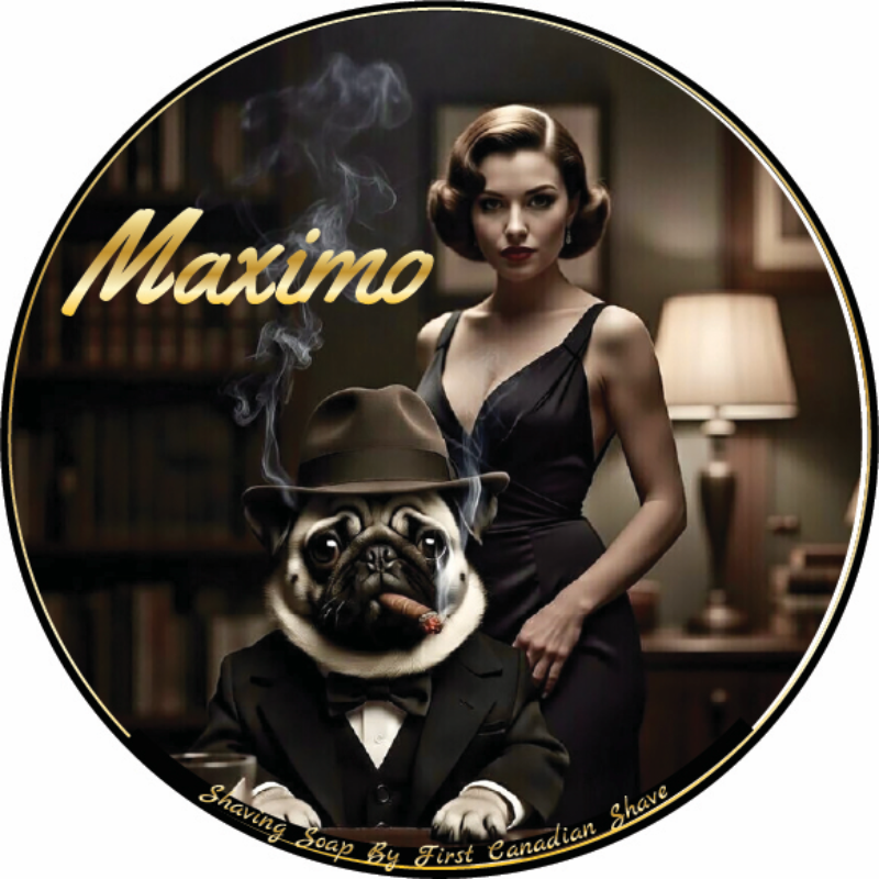 Circular product label with a woman, pug in suit, and 'Maximo' branding.